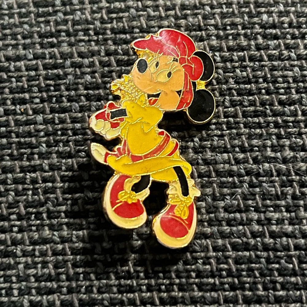 Vintage Cosrich Disney Gold Tone Minnie Mouse Happy Red Bow Pin Brooch